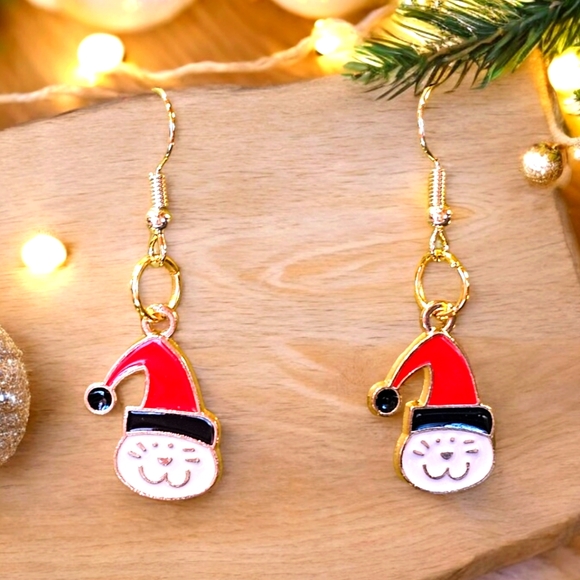 Red & White Enamel Christmas Cat Dangle Earrings • Gold-Tone Holiday Jewelry - Picture 4 of 5